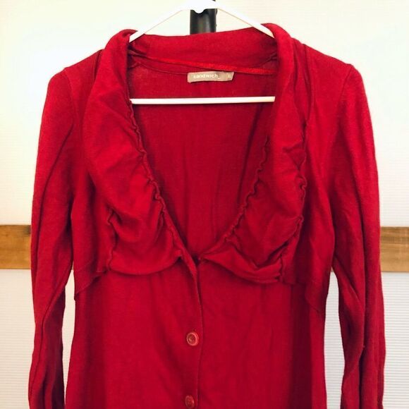SANDWICH_ Wool Blend‎ Funky Long Dark Red Cardigan / Sz XL - Picture 2 of 7